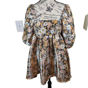 Storia Floral Babydoll Mini Dress in Brown Iridescent Size S Puff Sleeve